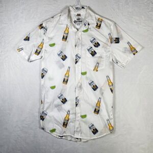 Corona Extra Beer Button Up Shirt Short Sleeve White Graphic‎ Mens